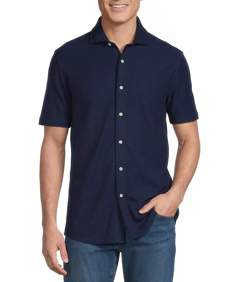 Cremieux Premium Denim Herringbone Short Sleeve Coat Front Knit Shirt