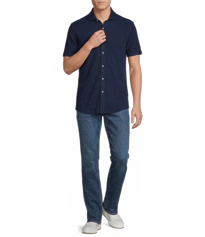 Cremieux Premium Denim Herringbone Short Sleeve Coat Front Knit Shirt