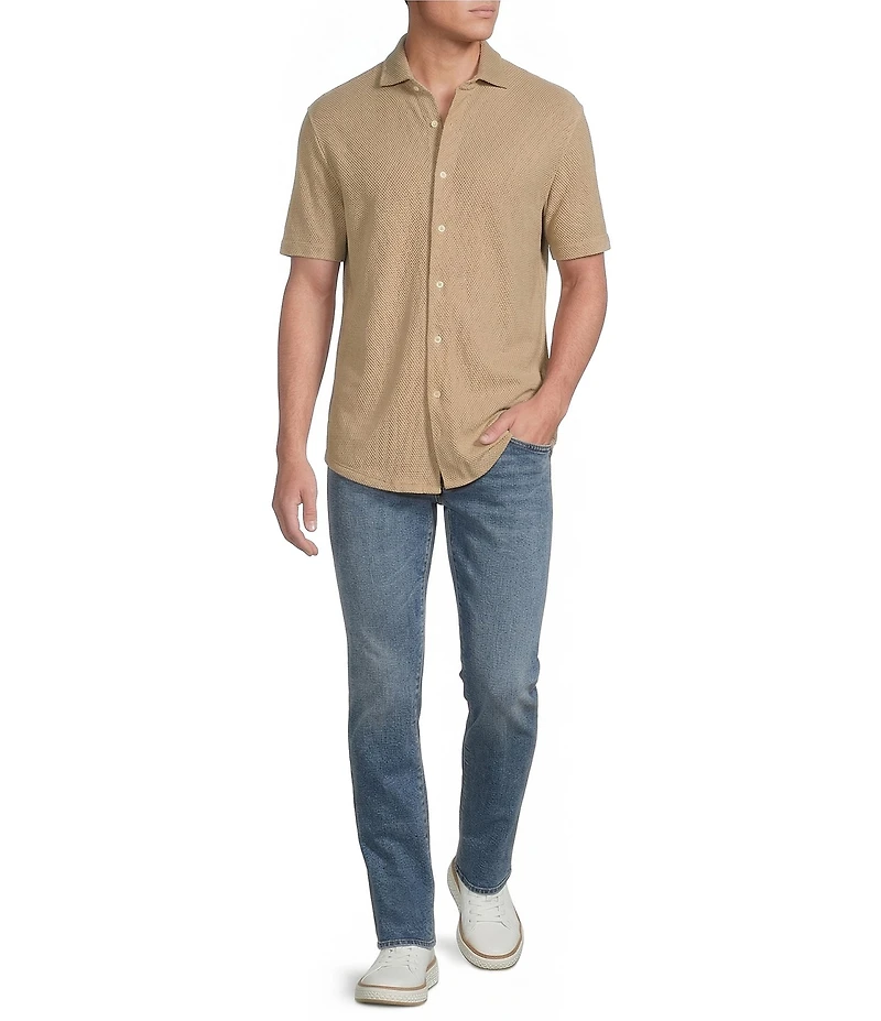 Cremieux Premium Denim Herringbone Short Sleeve Coat Front Knit Shirt