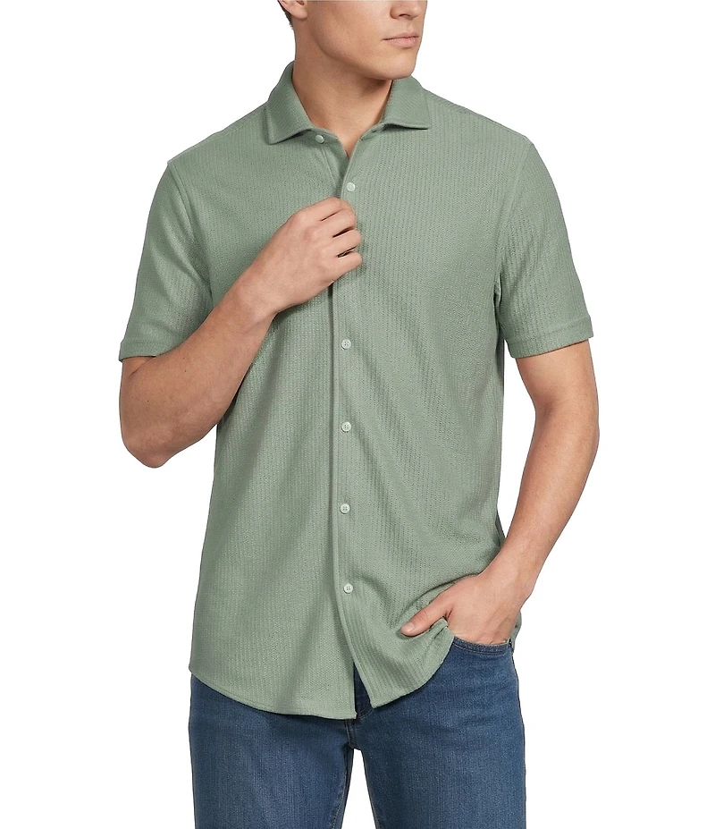 Cremieux Premium Denim Herringbone Short Sleeve Coat Front Knit Shirt