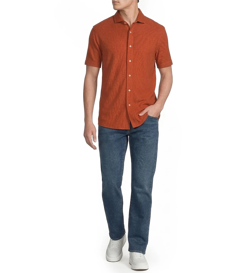 Cremieux Premium Denim Herringbone Short Sleeve Coat Front Knit Shirt