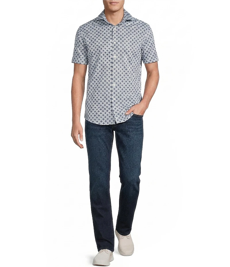 Cremieux Premium Denim Medallion Print Short Sleeve Coat Front Knit Shirt