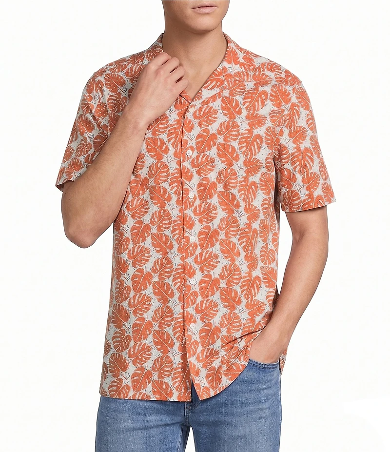 Cremieux Premium Denim Palm Print Short Sleeve Woven Camp Shirt