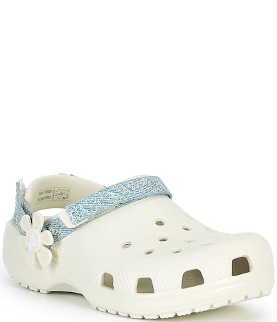 Crocs Girl's Classic Denim Flower Adjustable Backstrap Clogs (Youth)