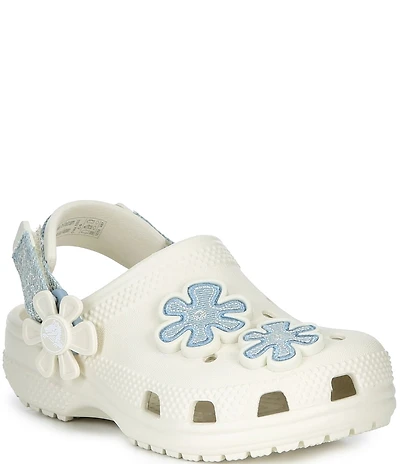Crocs Girls' Classic Denim Flower Embellished Adjustable Backstrap Clogs (Toddler)