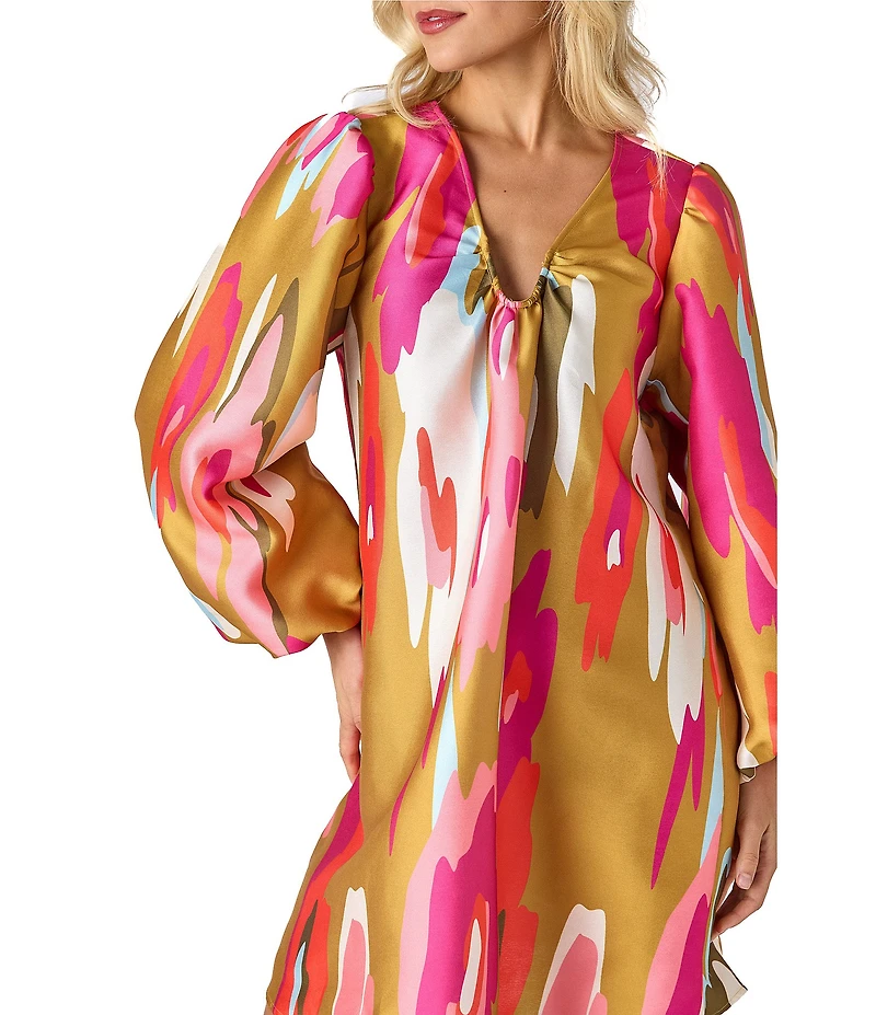 CROSBY by Mollie Burch Beckham Satin Twill Long Balloon Sleeve U-Neckline Shift Dress