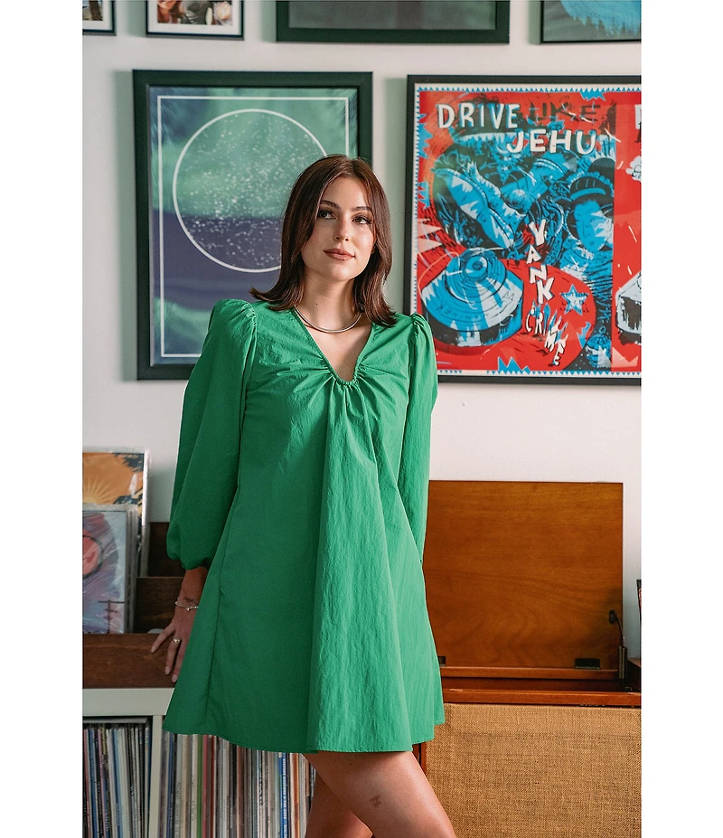 CROSBY by Mollie Burch Beckham Shantung Ruched Wired U-Neckline Long Balloon Sleeve Shift Dress