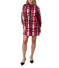 CROSBY by Mollie Burch Easton Holiday Plaid Print Crew Velvet Ribbon Neckline Balloon Sleeve Dress