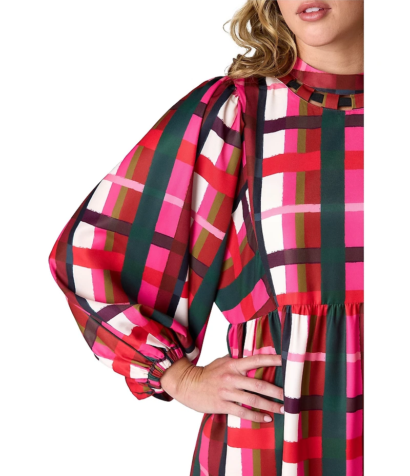 CROSBY by Mollie Burch Easton Holiday Plaid Print Crew Velvet Ribbon Neckline Balloon Sleeve Dress