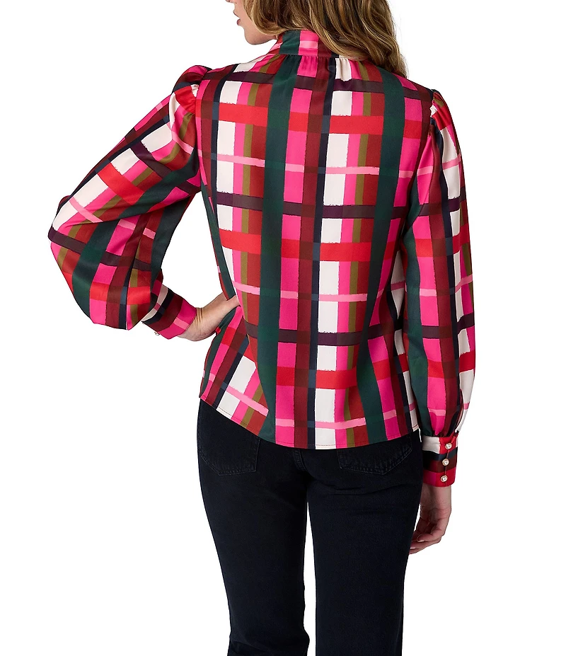 CROSBY by Mollie Burch Leland Holiday Plaid Print Stand Split V Collar Top