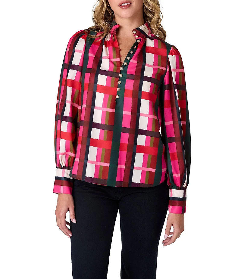 CROSBY by Mollie Burch Leland Holiday Plaid Print Stand Split V Collar Top