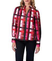 CROSBY by Mollie Burch Leland Holiday Plaid Print Stand Split V Collar Top