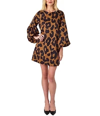 CROSBY by Mollie Burch Cecily Boat Neck Long Puff Sleeve Leopard Mini Shift Dress