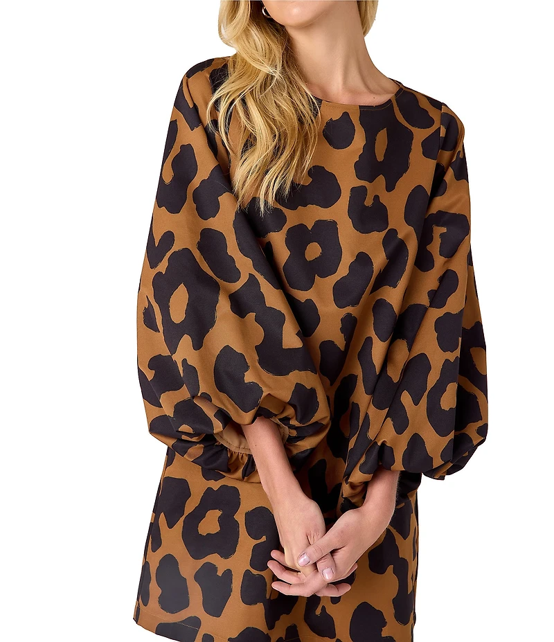 CROSBY by Mollie Burch Cecily Boat Neck Long Puff Sleeve Leopard Mini Shift Dress