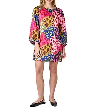 CROSBY by Mollie Burch Cecily Boat Neck Long Puff Sleeve Patched Leopard Mini Shift Dress