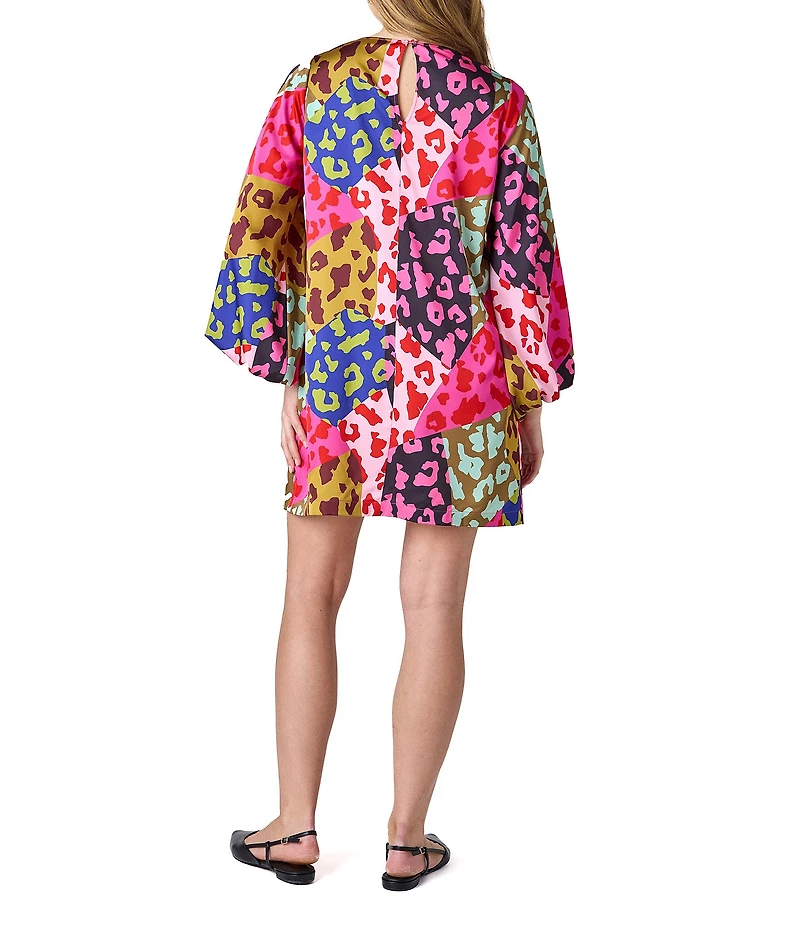 CROSBY by Mollie Burch Cecily Boat Neck Long Puff Sleeve Patched Leopard Mini Shift Dress