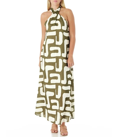 CROSBY by Mollie Burch Cleo Abstract Print Tie Halter Linen Blend Maxi Dress