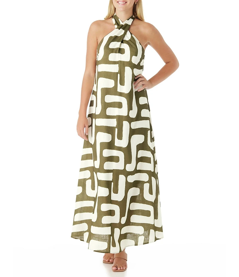 CROSBY by Mollie Burch Cleo Abstract Print Tie Halter Linen Blend Maxi Dress