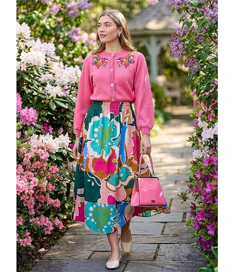 CROSBY by Mollie Burch Colson Cashmere Blend Floral Embroidered Neckline Button Front Cardigan