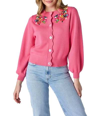 CROSBY by Mollie Burch Colson Cashmere Blend Floral Embroidered Neckline Button Front Cardigan