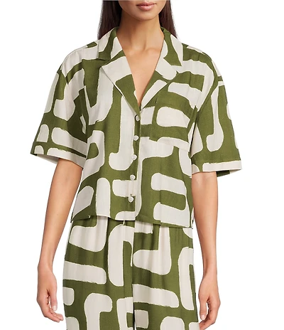 CROSBY by Mollie Burch Coordinating Ida Notch Collar Linen Blend Short Sleeve Abstract Print Button Front Shirt