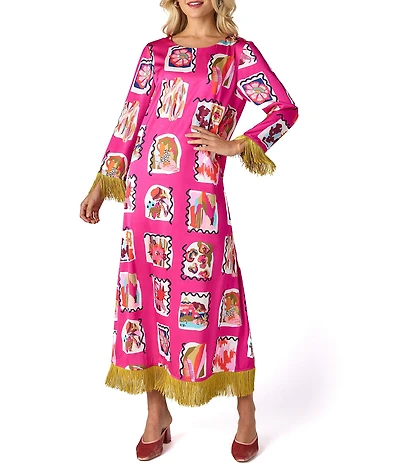 CROSBY By Mollie Burch Drewry Printed Satin Twill Crew Neck 3/4 Sleeve Fringe Shift Maxi Dress