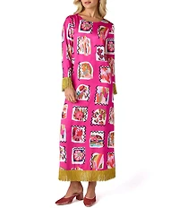 CROSBY By Mollie Burch Drewry Printed Satin Twill Crew Neck 3/4 Sleeve Fringe Shift Maxi Dress
