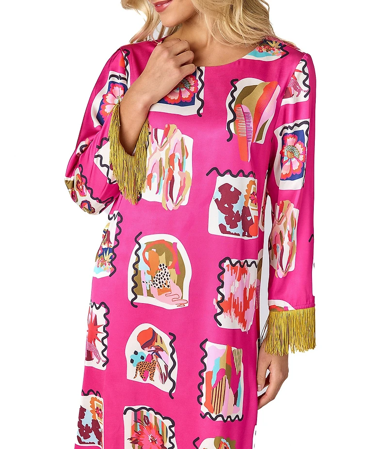 CROSBY By Mollie Burch Drewry Printed Satin Twill Crew Neck 3/4 Sleeve Fringe Shift Maxi Dress