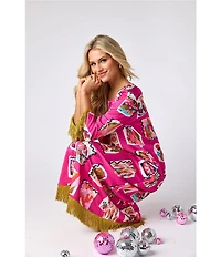 CROSBY By Mollie Burch Drewry Printed Satin Twill Crew Neck 3/4 Sleeve Fringe Shift Maxi Dress