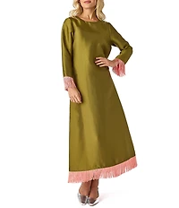 CROSBY By Mollie Burch Drewry Satin Solid Twill Crew Neck 3/4 Sleeve Fringe Shift Maxi Dress