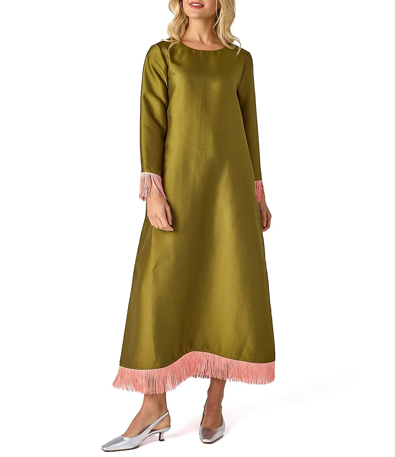 CROSBY By Mollie Burch Drewry Satin Solid Twill Crew Neck 3/4 Sleeve Fringe Shift Maxi Dress