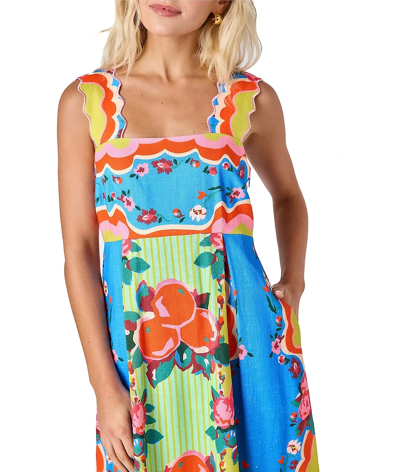 CROSBY by Mollie Burch Evie Linen Blend Floral Fruit Print Empire Waist Printed Midi Dress