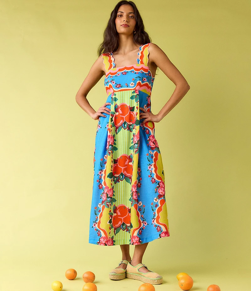 CROSBY by Mollie Burch Evie Linen Blend Floral Fruit Print Empire Waist Printed Midi Dress