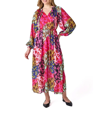 CROSBY by Mollie Burch Freya Lurex Chiffon Leopard Print V-Neck Long Sleeve Oversized Maxi Dress