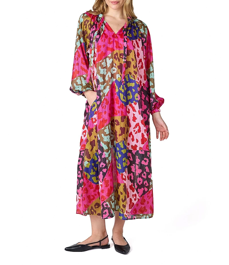 CROSBY by Mollie Burch Freya Lurex Chiffon Leopard Print V-Neck Long Sleeve Oversized Maxi Dress
