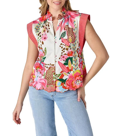 CROSBY by Mollie Burch Fritzy Tropical Button Front Ruffle Collar Top