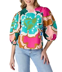 CROSBY by Mollie Burch Gia Floral Print Balloon Sleeve Crew Neck Blouse