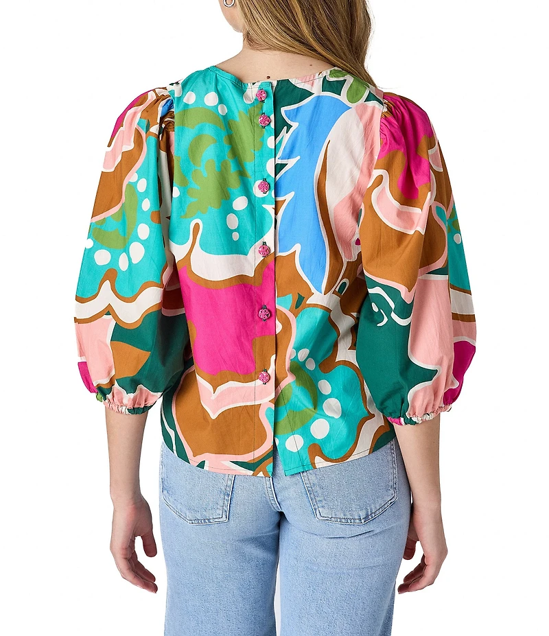 CROSBY by Mollie Burch Gia Floral Print Balloon Sleeve Crew Neck Blouse