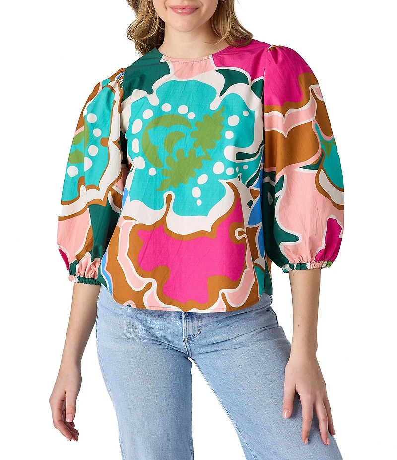 CROSBY by Mollie Burch Gia Floral Print Balloon Sleeve Crew Neck Blouse