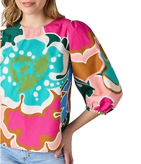CROSBY by Mollie Burch Gia Floral Print Balloon Sleeve Crew Neck Blouse