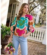 CROSBY by Mollie Burch Gia Floral Print Balloon Sleeve Crew Neck Blouse