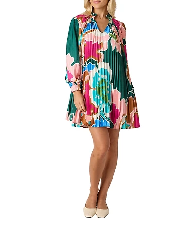 CROSBY by Mollie Burch Heidi Floral Print Pleated Spilt V-Neckline Long Sleeve Self Tie Belt Dress