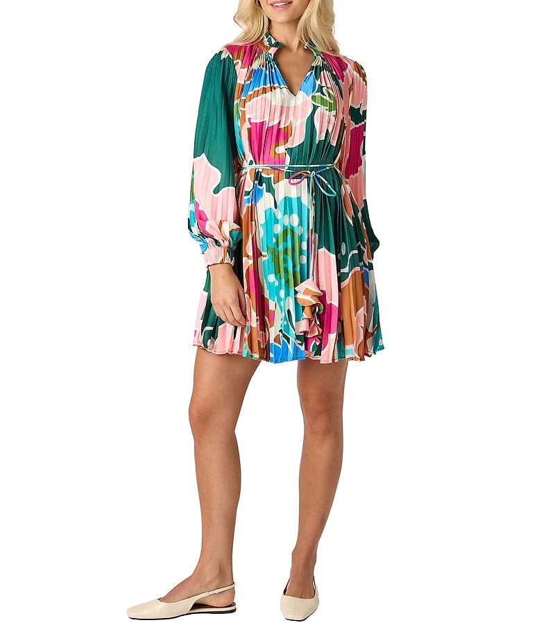 CROSBY by Mollie Burch Heidi Floral Print Pleated Spilt V-Neckline Long Sleeve Self Tie Belt Dress
