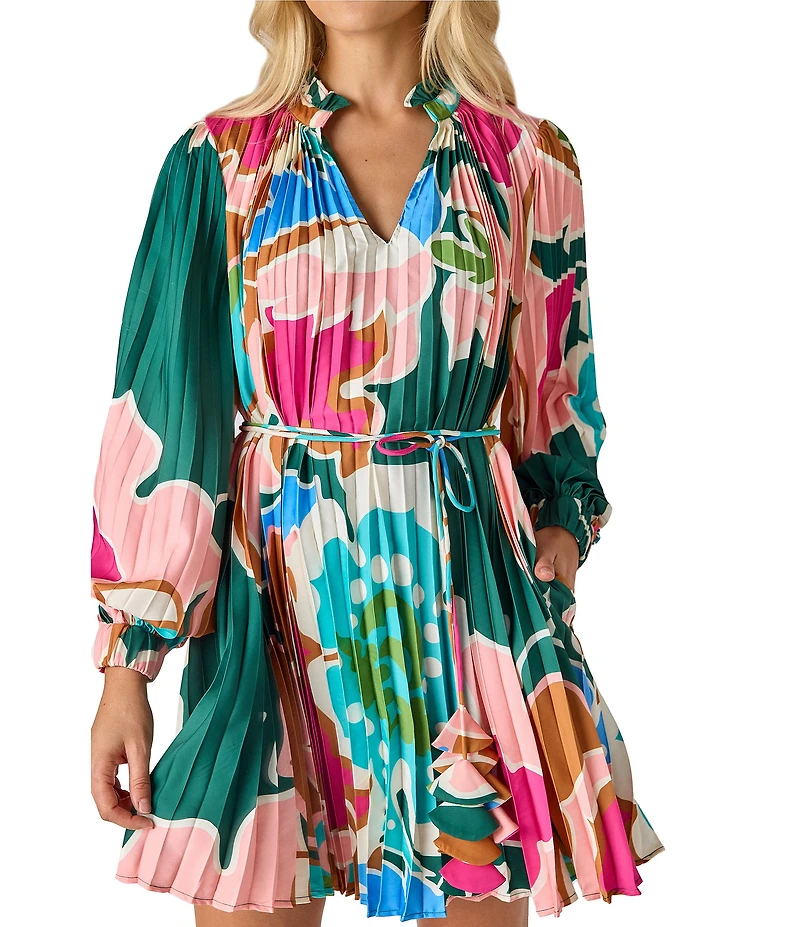 CROSBY by Mollie Burch Heidi Floral Print Pleated Spilt V-Neckline Long Sleeve Self Tie Belt Dress
