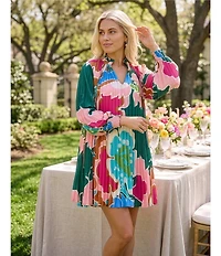 CROSBY by Mollie Burch Heidi Floral Print Pleated Spilt V-Neckline Long Sleeve Self Tie Belt Dress