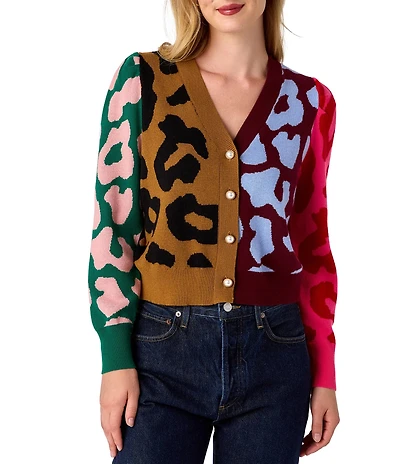 CROSBY by Mollie Burch Jovie Cashmere Blend Intarsia Knit Color Block Leopard V-Neck Long Sleeve Button Front Cardigan