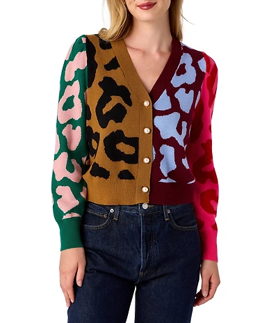 CROSBY by Mollie Burch Jovie Cashmere Blend Intarsia Knit Color Block Leopard V-Neck Long Sleeve Button Front Cardigan