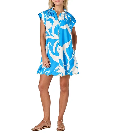 CROSBY by Mollie Burch Lee Lee Ruffle Standing Collar Button Front Cap Sleeve Scallop Hem Baby Doll Dress