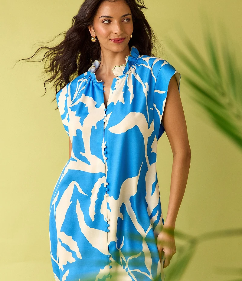 CROSBY by Mollie Burch Lee Lee Ruffle Standing Collar Button Front Cap Sleeve Scallop Hem Baby Doll Dress
