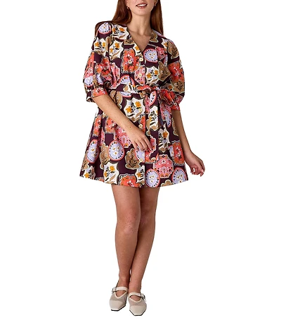 CROSBY by Mollie Burch Lennie V-Neck 3/4 Sleeve Stamp Print Shirt Dress